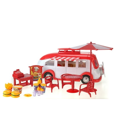 Good Fast Food Food Truck - Design-able Toy Food Truck w/ Outdoor Tables, Dish/Food Replicas, & Design