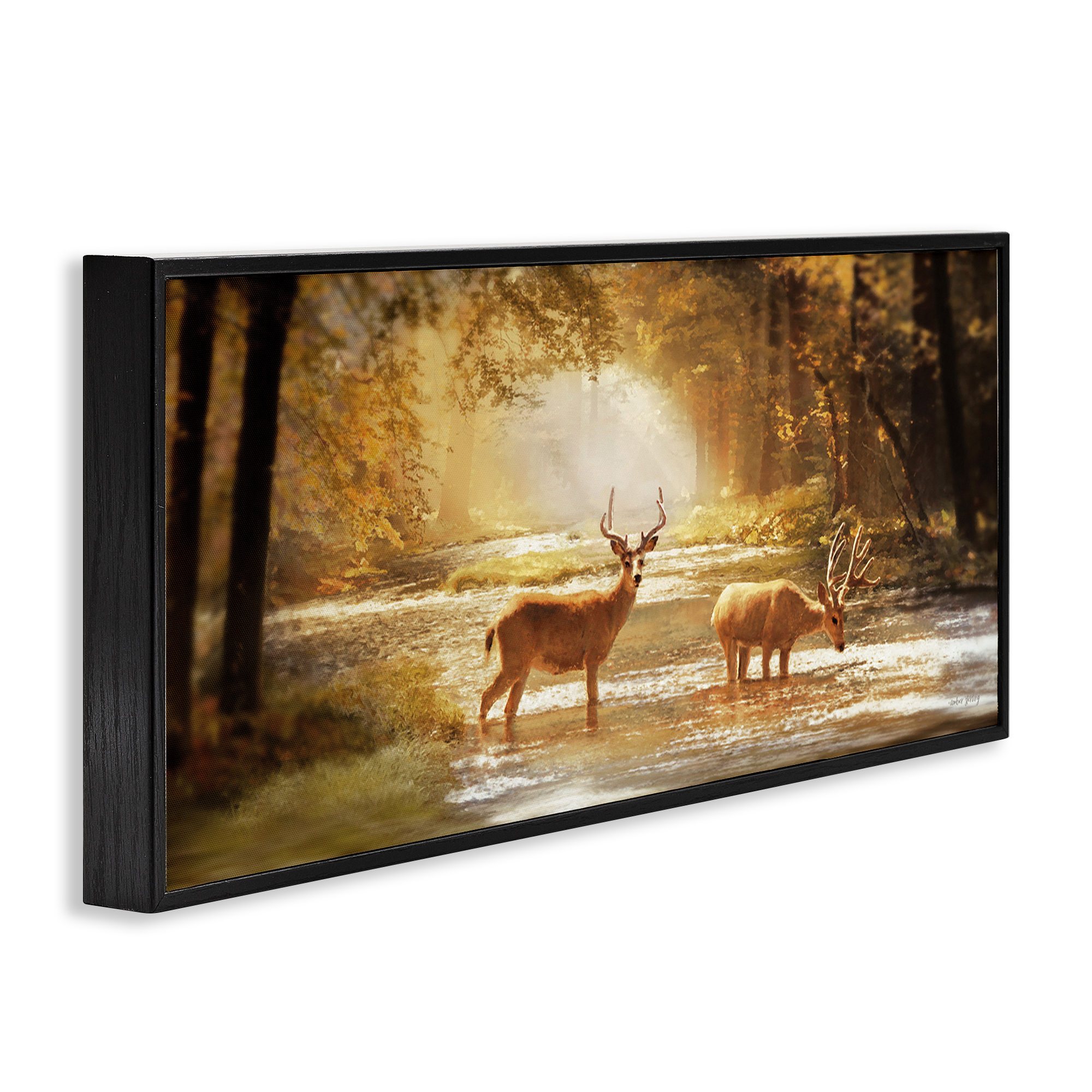 Stupell Industries Deer in Sunlit Grove Landscape Painting Black Framed Art Print Wall Art, 24 x 10