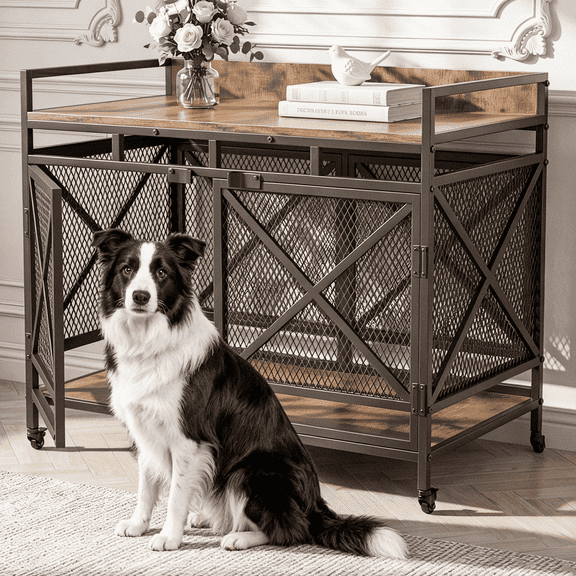 Fowroa 48" Dog Crate Furniture,Dog Crate, Large Kennel,360° Casters with Wheels,Brown
