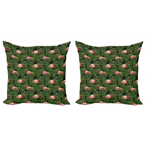 Ambesonne Flamingo Throw Pillow Cover 2 Pack, Exotic Bird and Monstera, 18", Charcoal Grey Dark Salmon