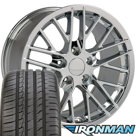 18x8.5 Wheels & Tires Fit Corvette, Camaro C6 ZR1 Style Chrome Rims & Ironman Tires, Hollander 5402 -