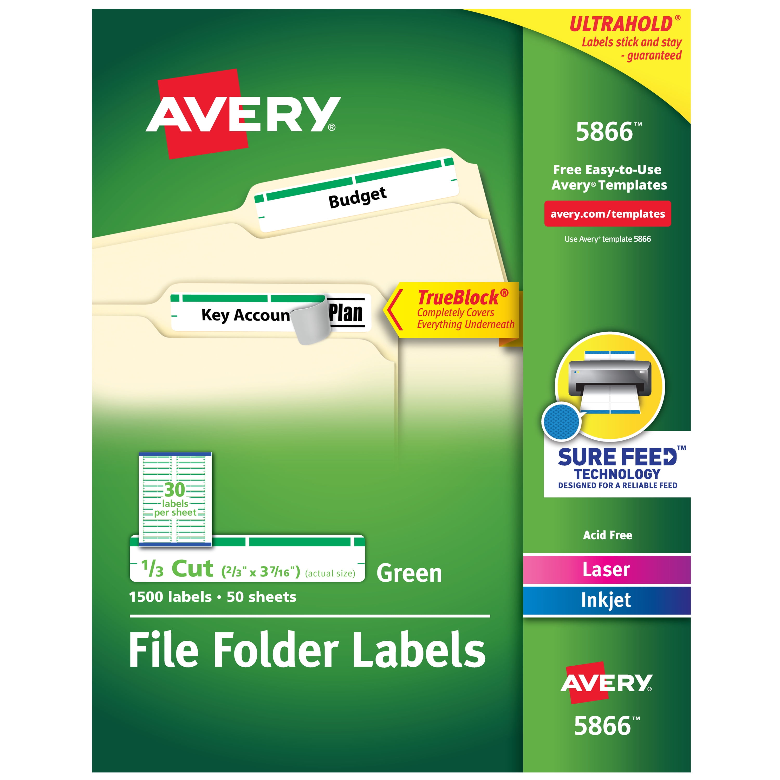 Avery File Folder Labels, 2/3" x 37/16", 1,500 Green Labels (5866
