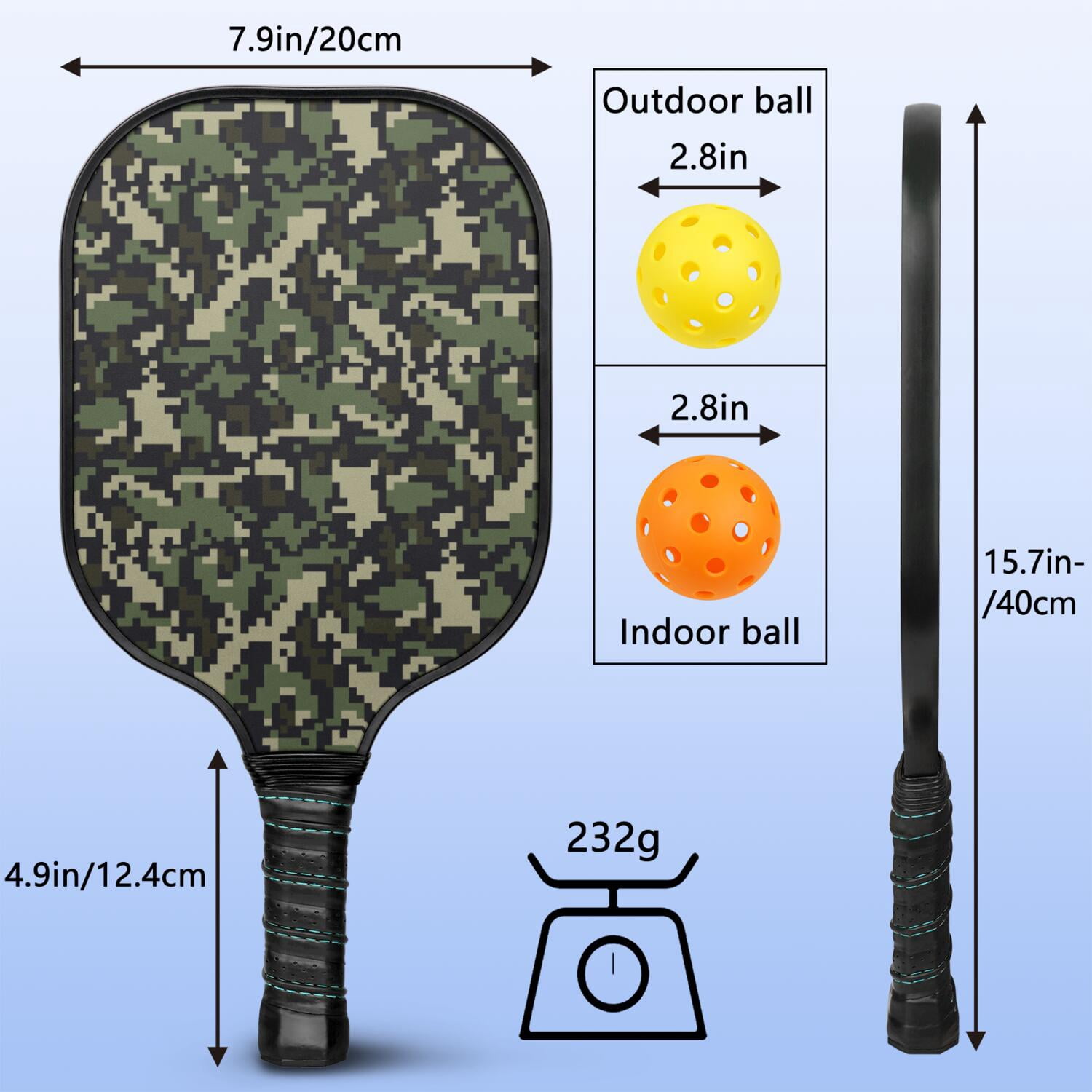 Pickleball Paddles Set Of 1, Fiberglass Surface, Camouflage Print, 1 Paddle, 2 Balls & Bag