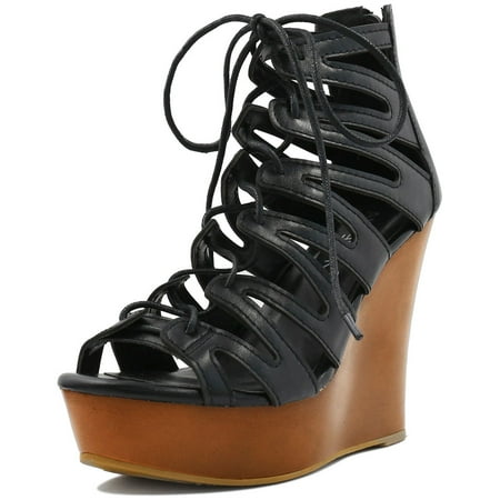 New Ladies Brown Wedge Heel - Unique Bargains Women's Open Toe Lace-Up Cutout Platform Wedge Sandals