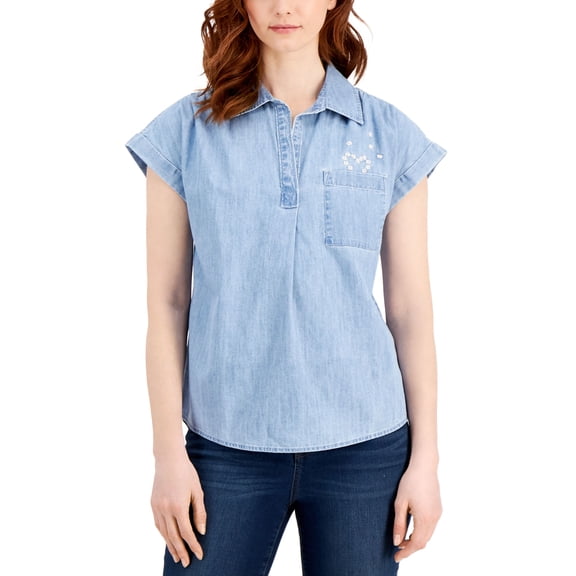 Style & Co Cotton Chambray Camp Popover Shirt Lt Chambray 2XL
