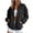 Black, variant on Womens Solid Color Baseball Jacket Stand Collar Snap Button Down Loose Fit Long Sleeve Ribbed Cuff Hem Side Pockets Soft Fleece Casual Bomber Coat Outerwear