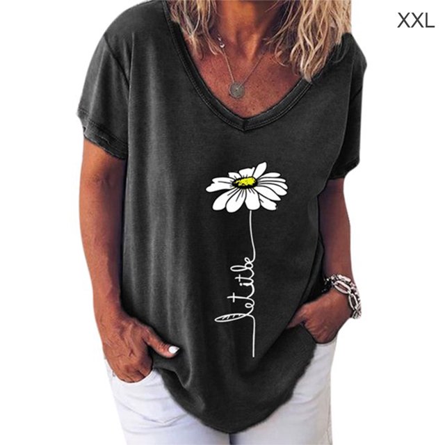 Sonducket Camiseta de mujer con cuello en V y estampado de flores, manga corta, tela suelta Prendas para la parte inferior del cuerpo negro XXL Sonducket AP002134-05