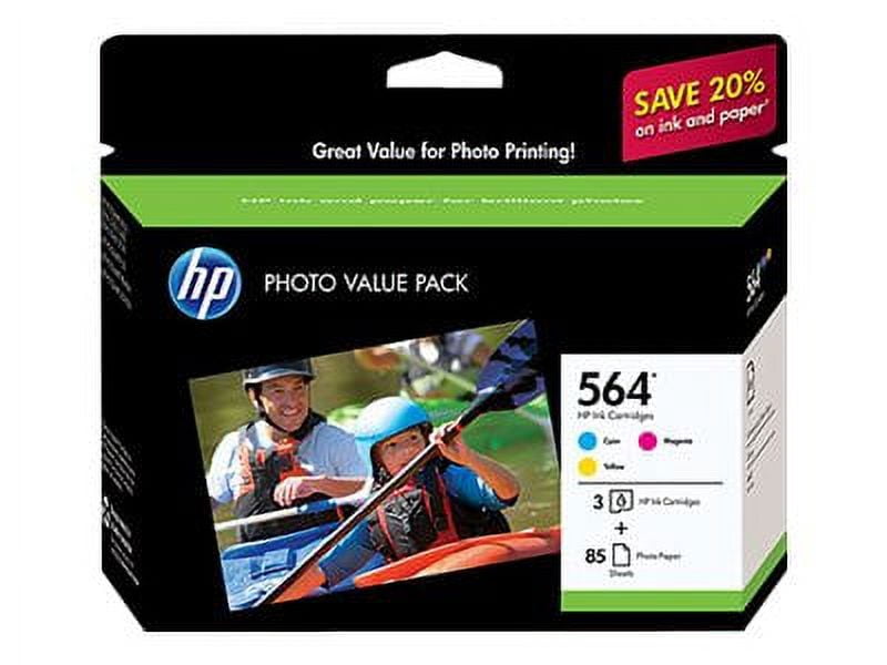 HP 564 Series Photo Value Pack - 3-pack - yellow, cyan, magenta - blister - print cartridge / paper kit - for Deskjet 35XX; Photosmart 55XX, 55XX B111, 65XX B211, 75XX, 75XX C311, B110, Wireless B110