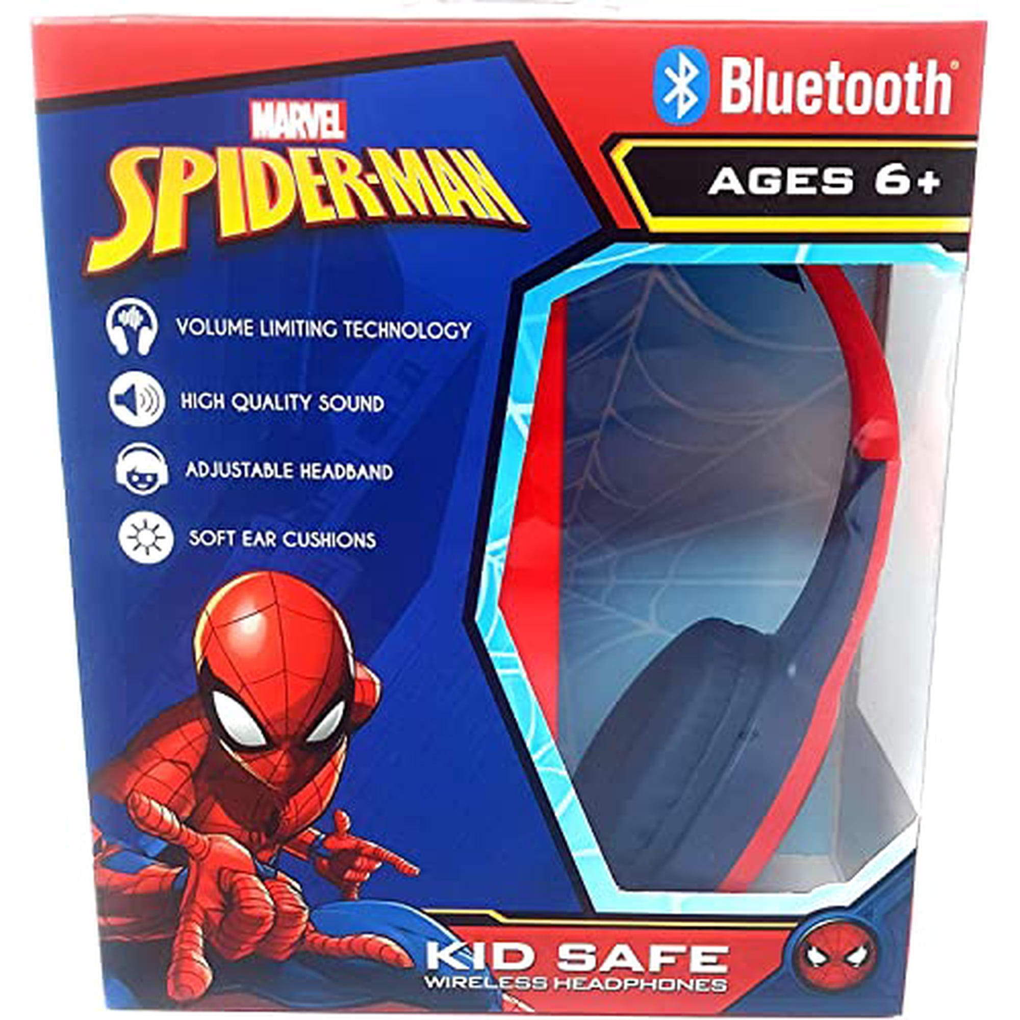 Spider Man Bluetooth Kid Safe Headphones Over The Ear Padded Cushions Flying on a Web Design