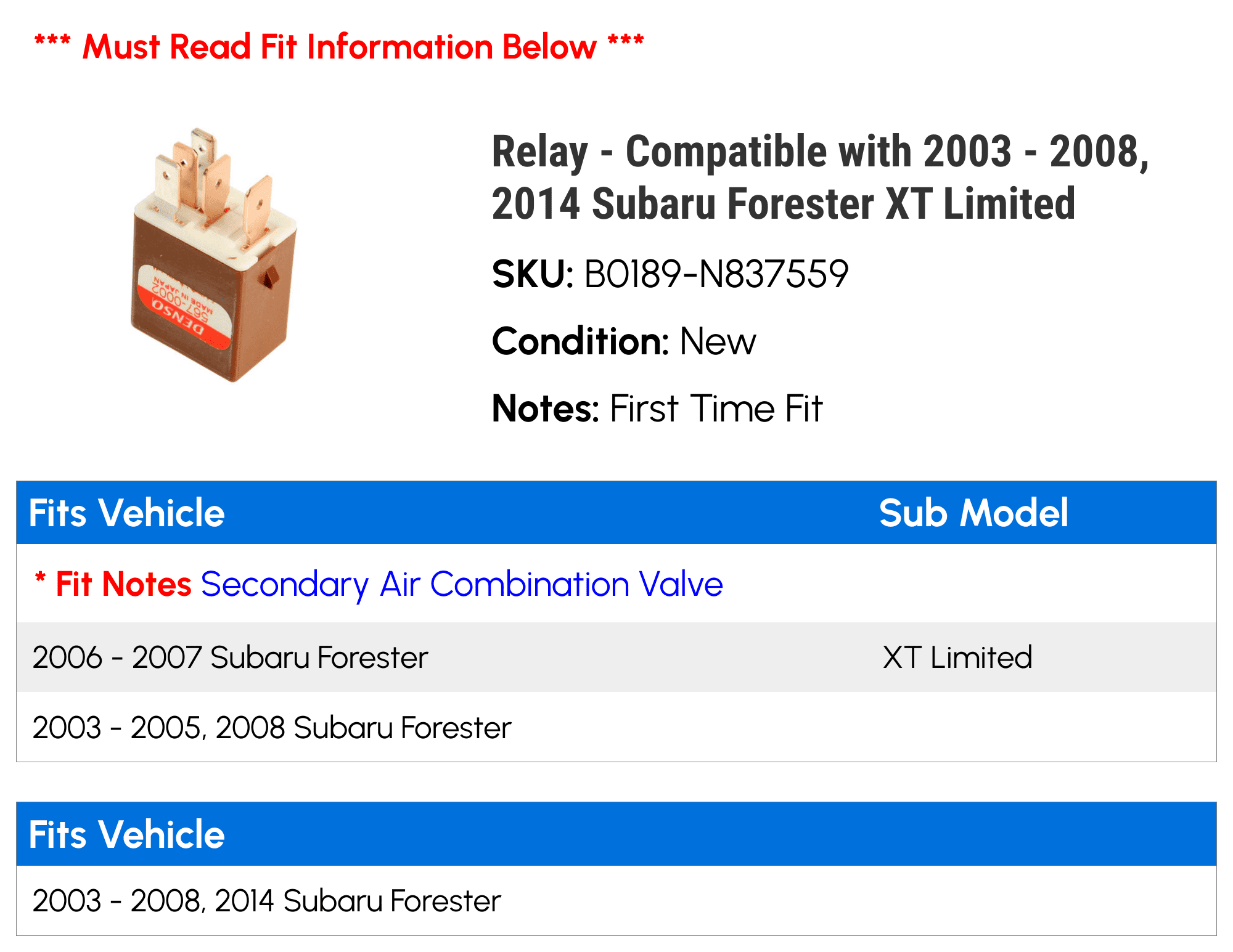 Relay - Compatible with 2003 - 2008, 2014 Subaru Forester XT Limited 2004 2005 2006 2007