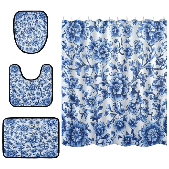 Blue and White Porcelain Bathroom Accessory Curtain Sets Bath Curtain Anti-Slip Mats and Toilet Pad 66x72in
