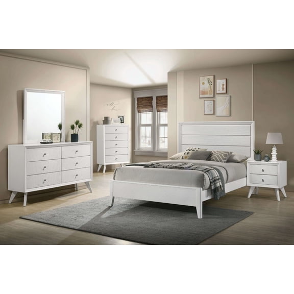 Contemporary Modern 6pc Bedroom Queen Size Bed Set Dresser Mirror 2x Nightstands Chest White Wooden