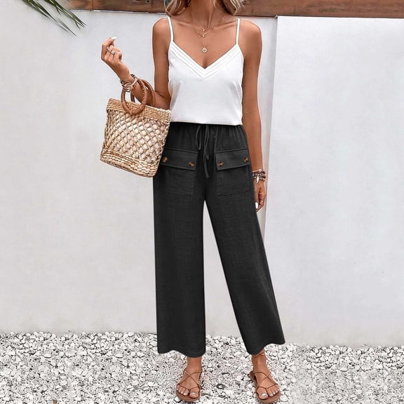 ClodeEU Womens Linen Blend Drawstring Pants ,Baggy Cropped Pants with Front Patch Pockets Black,Womens Plus S