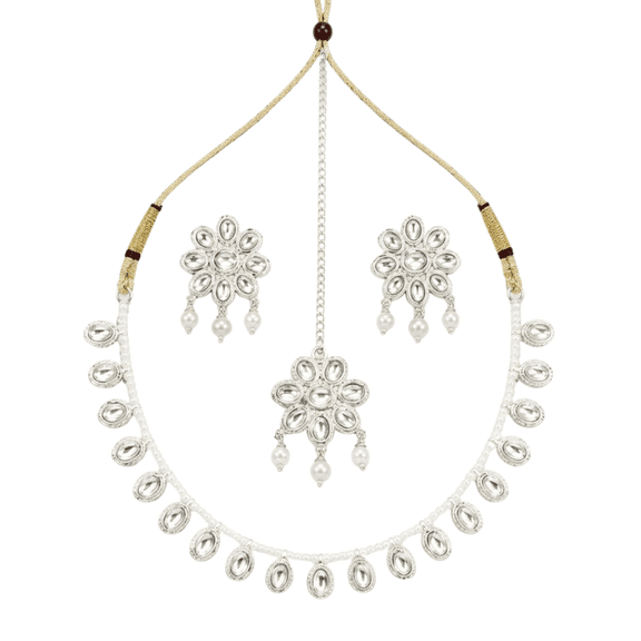 Elegant Women’s Silver-Tone Kundan Necklace Set with Floral Pendant & Matching Earrings – Traditional Ethnic Jewelry
