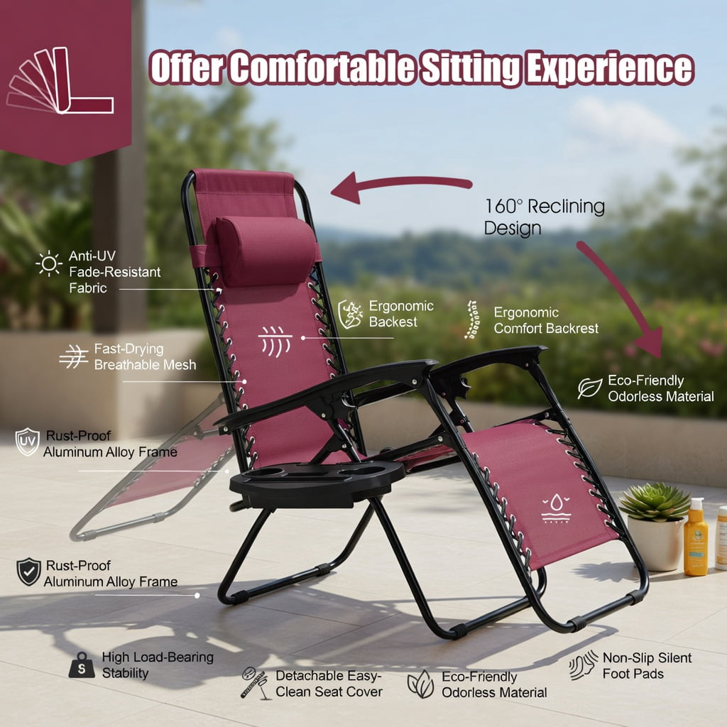 Hommoo 2-Pack Zero Gravity Folding Lounge Chairs with Adjustable Headrest & Removable Tray, Breathable Waterproof Fabric, Dark Red