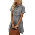 thumbnail image 2 of Qmyliery Women Summer Denim Dress, Solid Color Lapel Short-Sleeve Buttons Casual One-Piece for Ladies, S/M/L/XL, 2 of 5