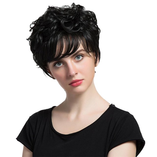 Pelucas de muy corto y esponjoso para mujer Elagant con gorra para de disfraces negro resistente al calor