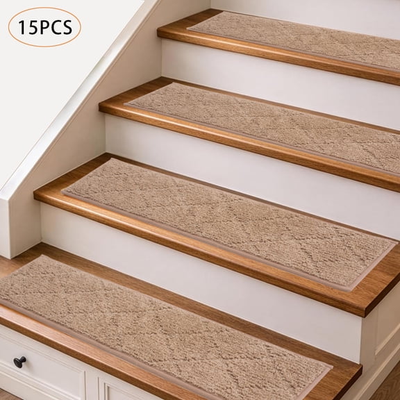 TERRALYX Stair Treads for Wooden Steps Indoor 30"x 8", 15Pcs Non Slip Peel and Stick Carpet Stair Treads, Self Adhesive Washable & Reusable Stair Runner Rug for Kids Elders Pets-Beige