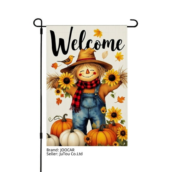 JOOCAR Welcome Scarecrow Sunflower Linen Garden Flag for Fall Autumn Home Outdoor Garden Yard Door Decor 12x18 inch