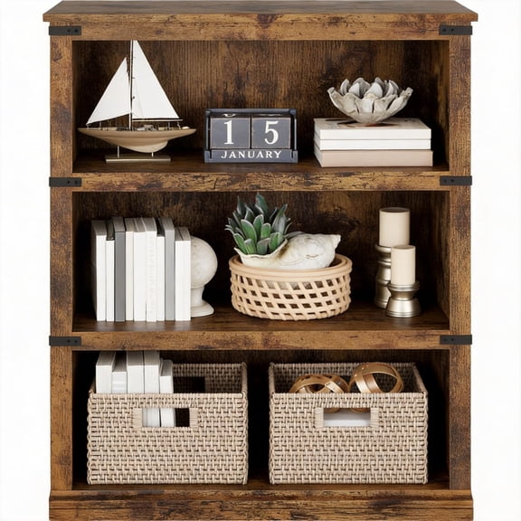 3 Tier Bookcase, Farmhouse Book Shelf with Storage, Low Book Case Wooden 3 Shelf Bookcase for Home Office, Living Room, Bed Room,Retro