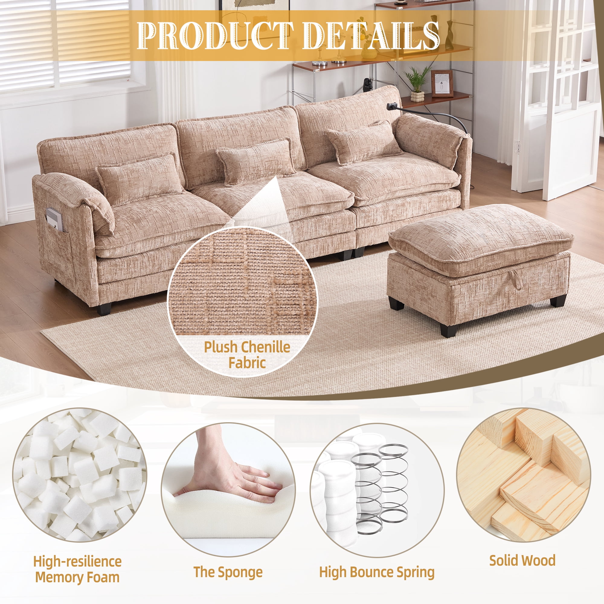 MOONMISS Chenille Upholstered L-shaped Modular Sectional Sleeper Sofa with Movable Storage Ottoman,USB&TYPE-C-Khaki