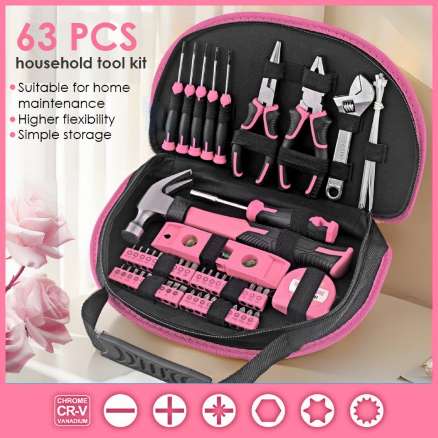 Pink Tool Kit - 128 Pieces Pink Tool Set with Easy Carrying Round Pouch, Household Tool Kit Perfect for DIY, Home Maintenance