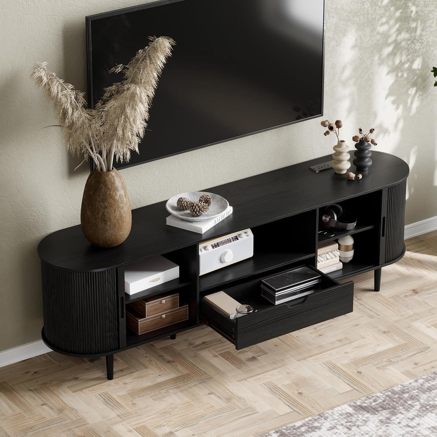 71" Mid-Century Modern Fluted TV Stand with Power Outlet, Sliding Door & Adjustable Shelves, for TVs up to 80 Inches, Black