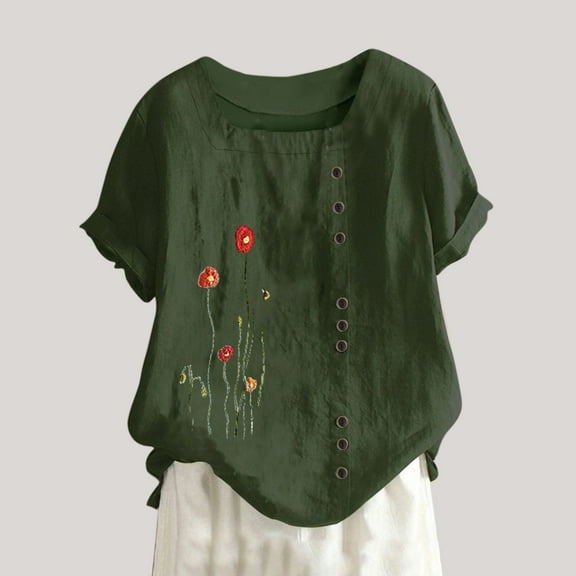 ALLLIST Crew Neck Womens Tops Under $10 Green Floral Short Sleeve Button T-Shirts Womens Tees Loose Fit