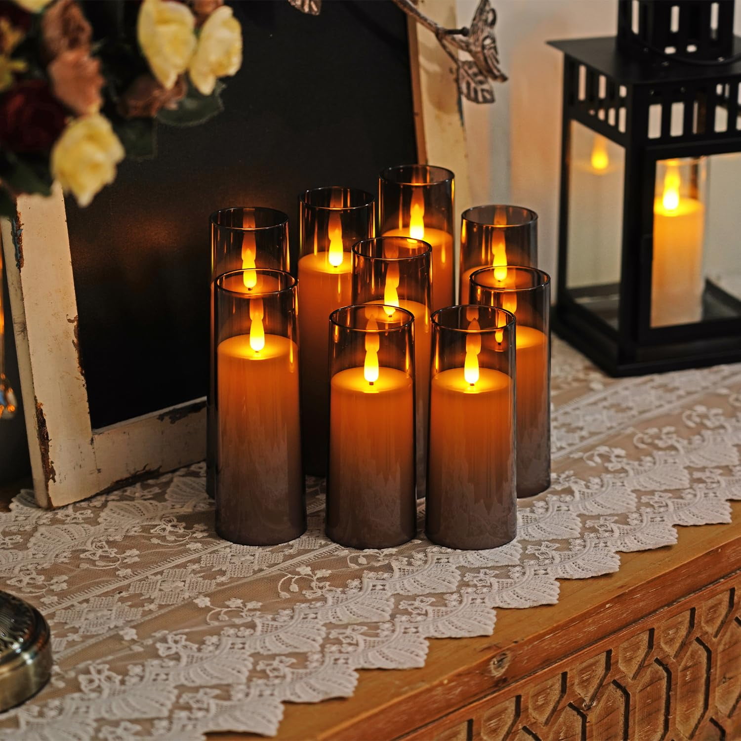 Merrynights Decorative Flameless LED Pillar Candles, Battery Operated, Remote, Timer, Flickering, Gray, 9 Pack, 2.2 inch D, 5, 6, 7 inch H