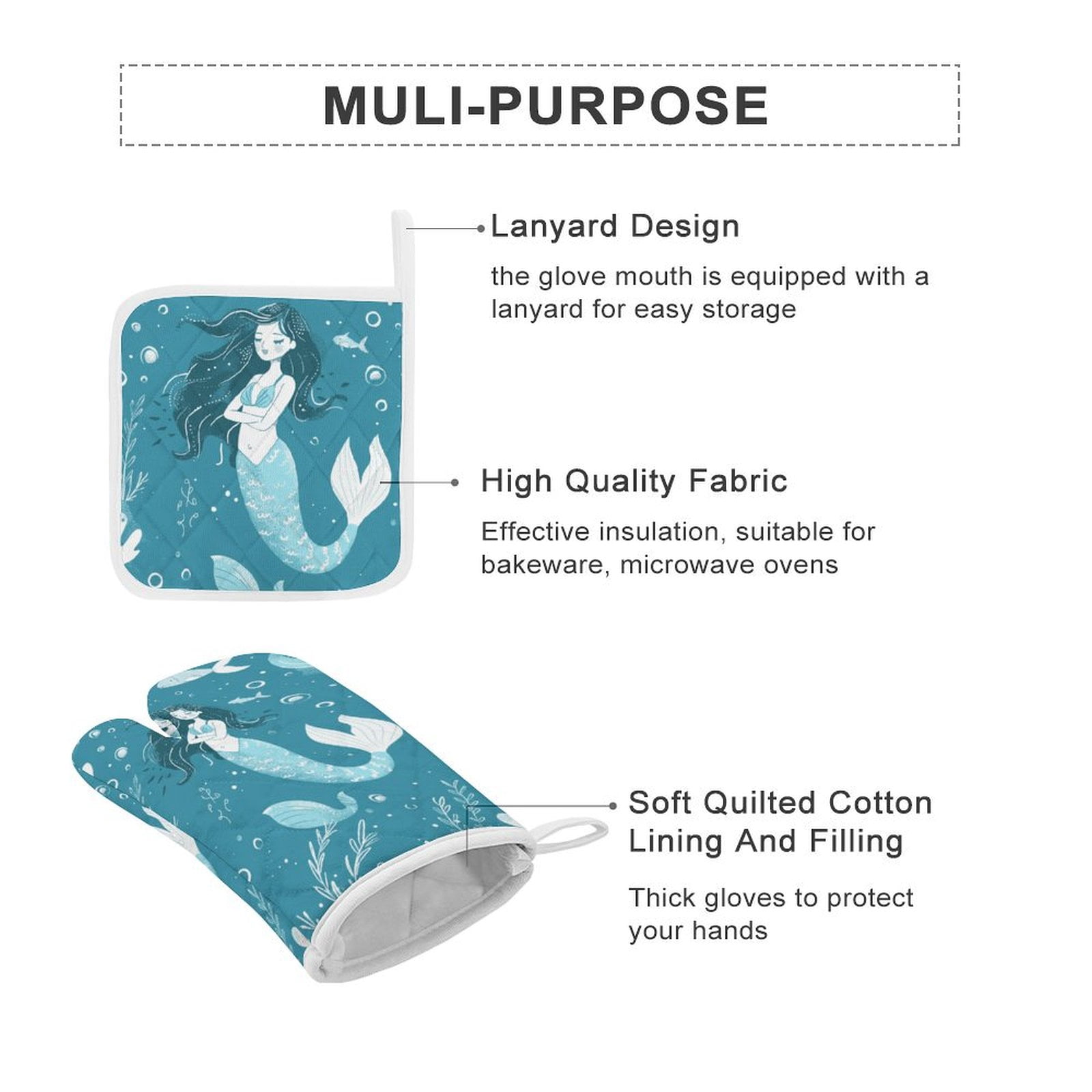Ocean Cute Mermaid Heat Resistant Microwave Oven Gloves Set for BBQ Baking Grilling,Baking Gifts Cooks for Women,Housewarming Gifts for New Home