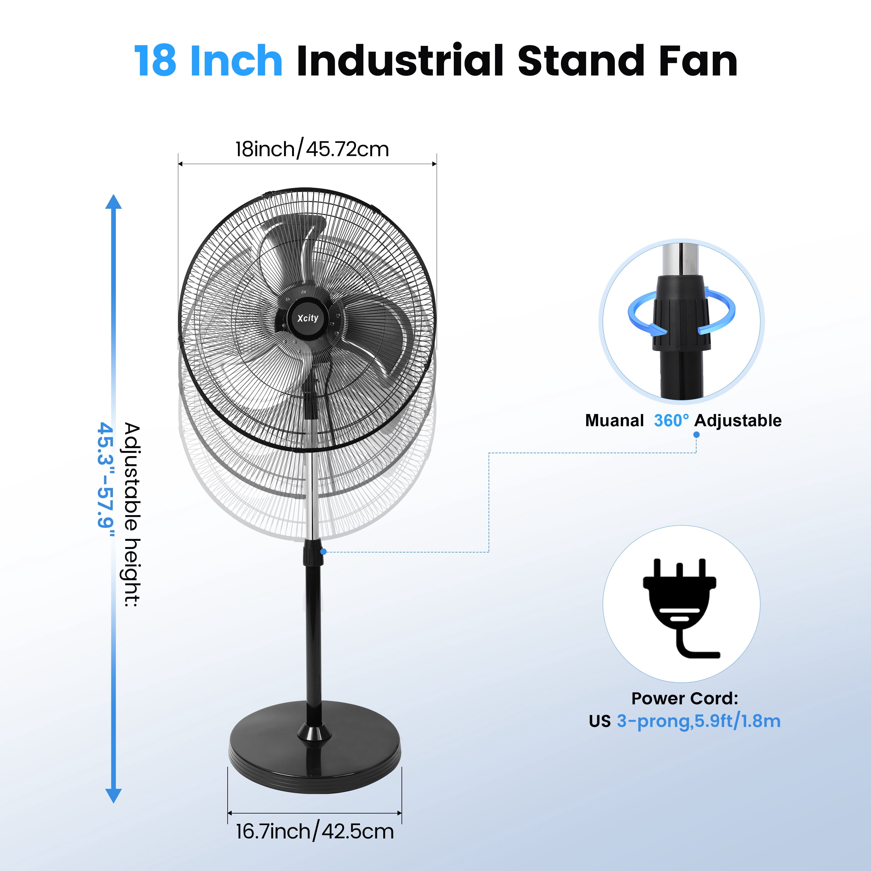 Avobird 18'' Industrial Oscillating Pedestal Fan, 3-Speed & 90° Tilt Height Adjustment Standing Fan for Bedroom/Offices/Workshop, Max 3100 CFM(Black)