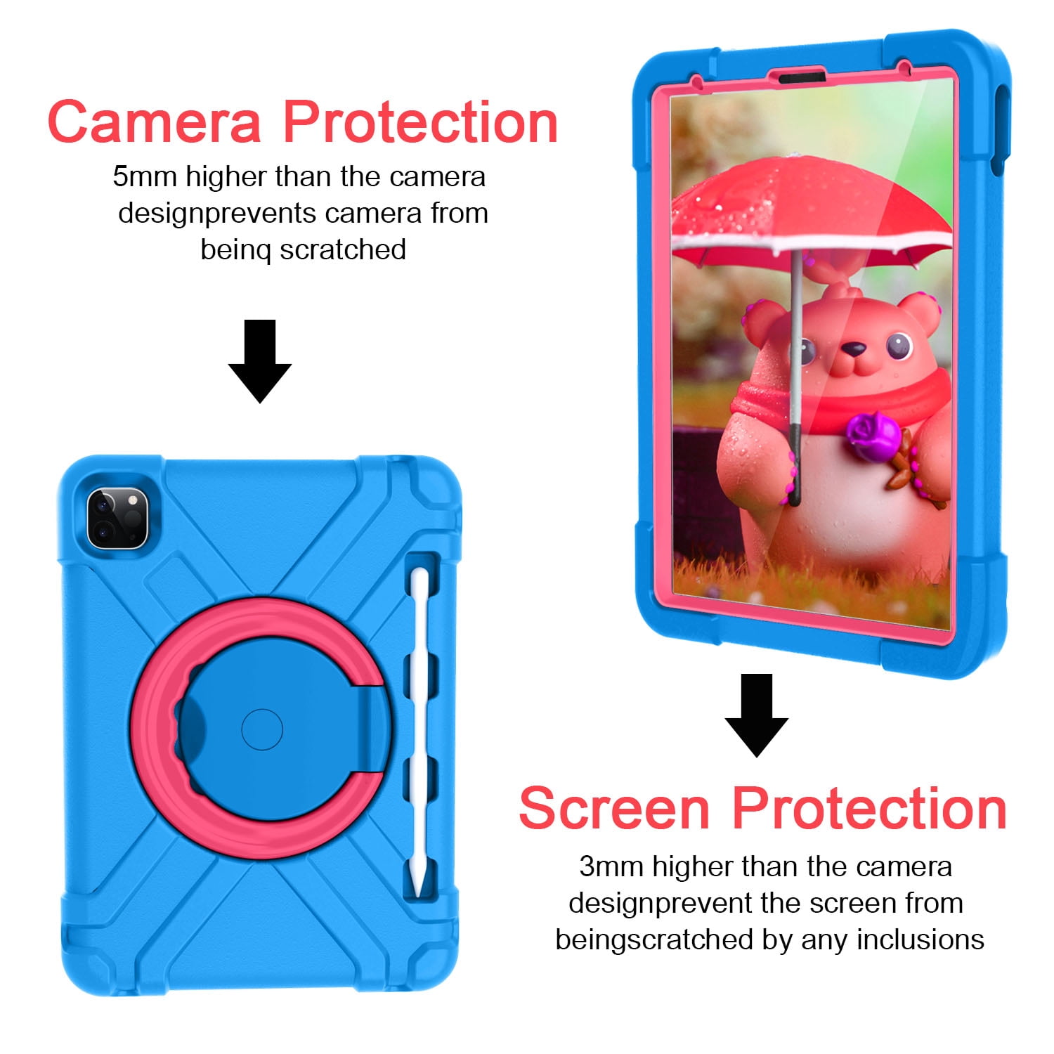 iPad Pro 11 2020 Case with Pencil Holder, Allytech Kids Friendly Case 360 Rotating Kickstand Heavy Duty Protective Shockproof Case Cover for Apple iPad Pro 11 2nd Generation 2020, Blue/Rose
