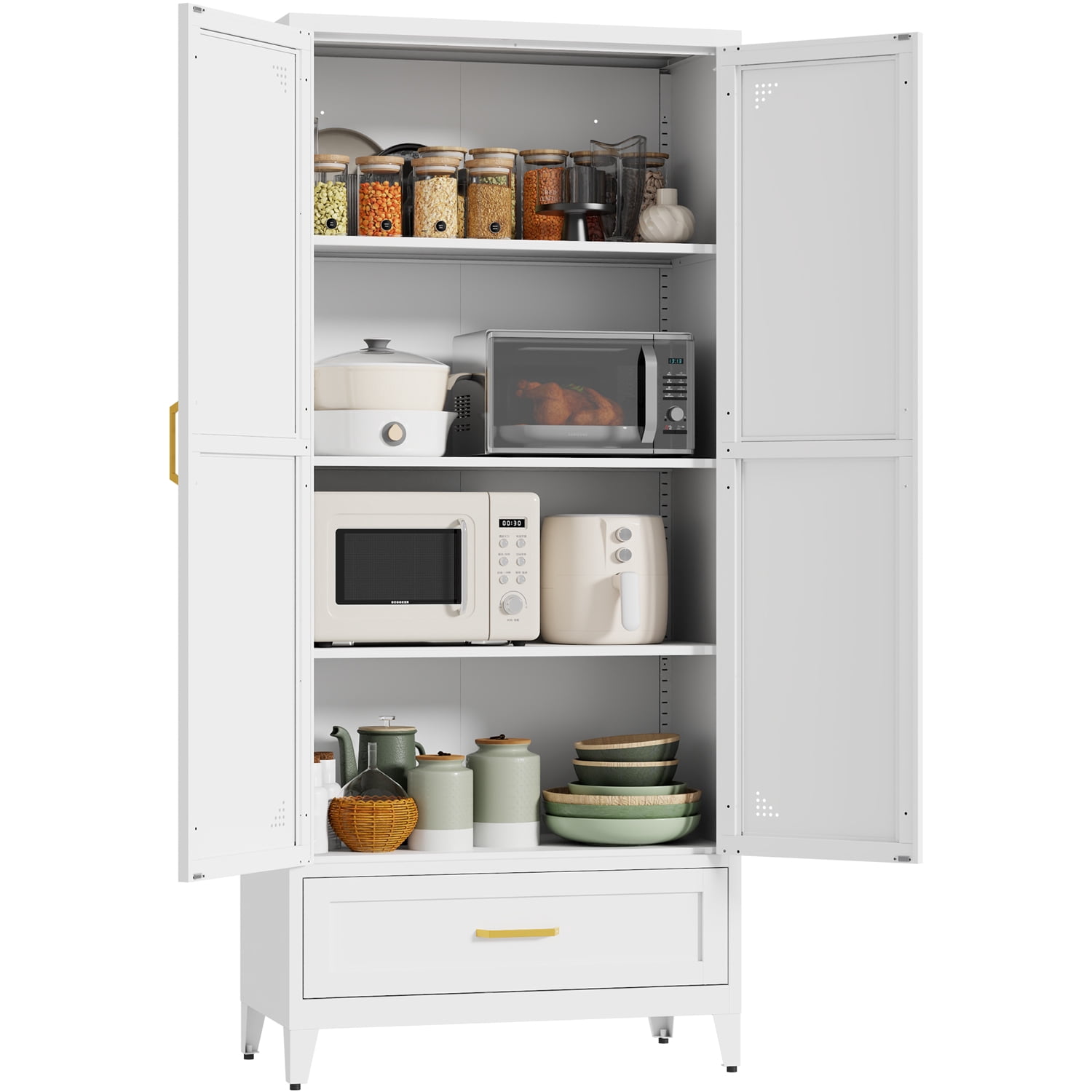 JHYKFG 71" Tall Metal Storage Cabinets,4-Tier Kitchen Pantry Cabinet with 2 Doors and 1 Drawer for Dining Room,Living Room,Hallway,Bathroom,White