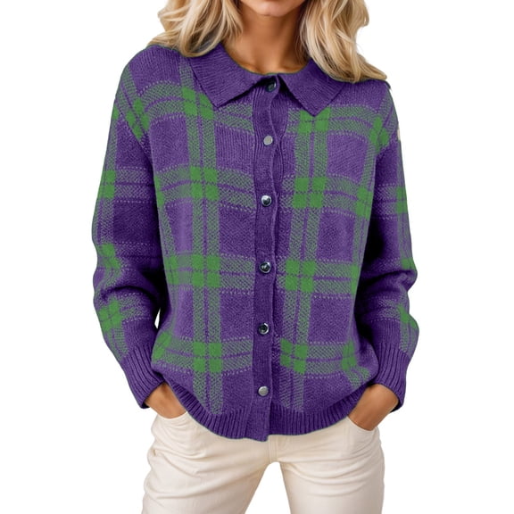 JIAYUE Women Plaid Knit Cardigan Collared Button‑Up Long Sleeve Sweater Relaxed Fit Outerwear for Street‑wear