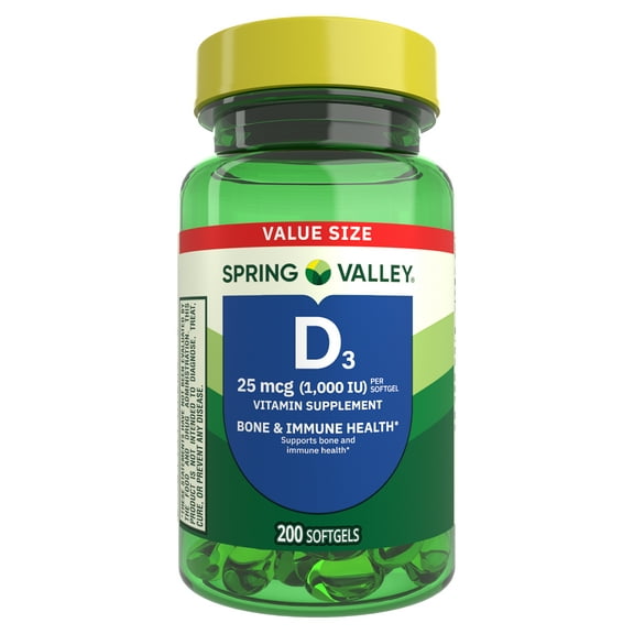 Spring Valley Vitamin D3 Softgels, 25 mcg (1000 IU), 200 Count, Supplement for Bone and Immune Health