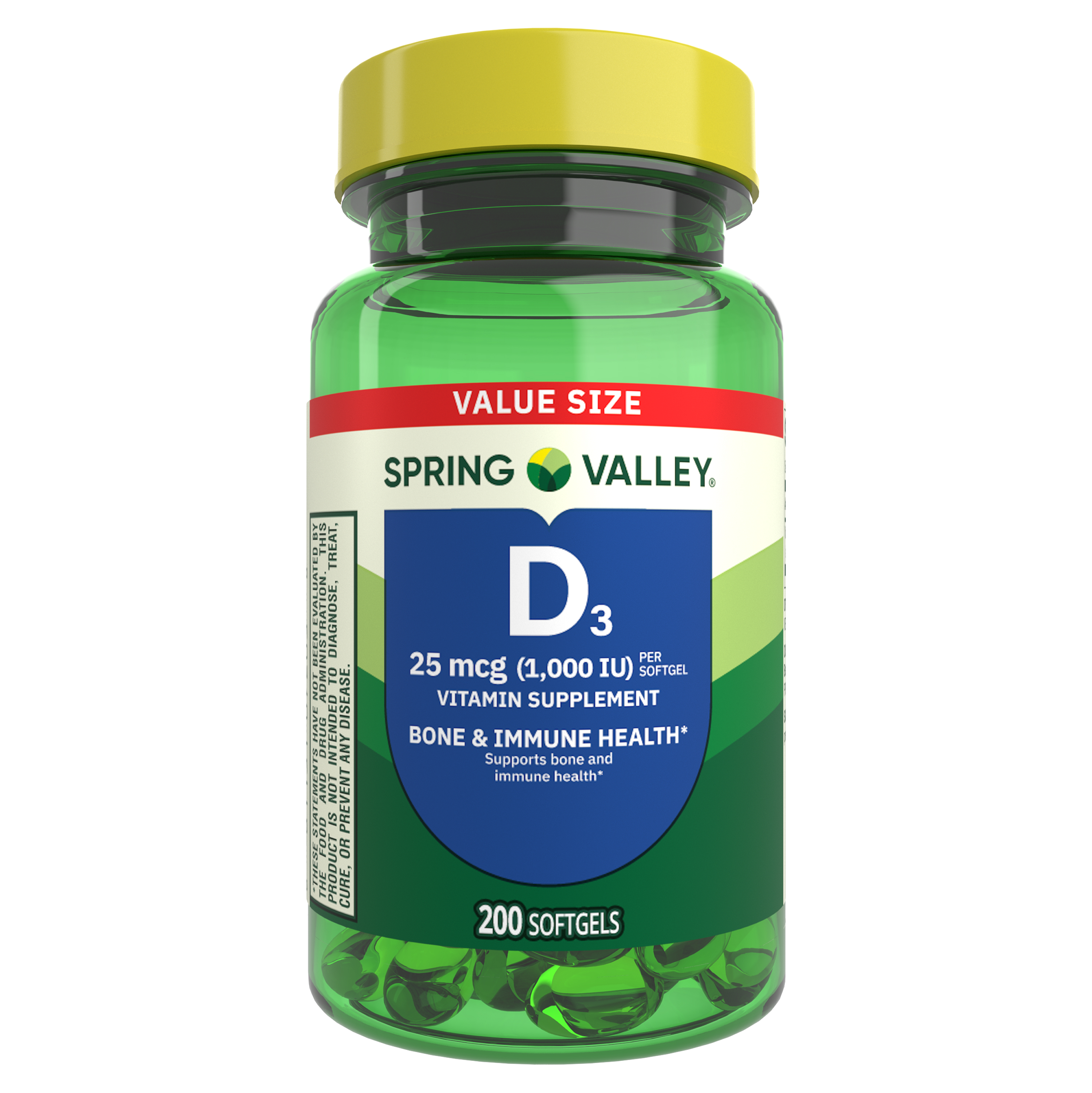 Spring Valley Vitamin D3 Softgels, 25 mcg (1000 IU), 200 Count, Supplement for Bone and Immune Health