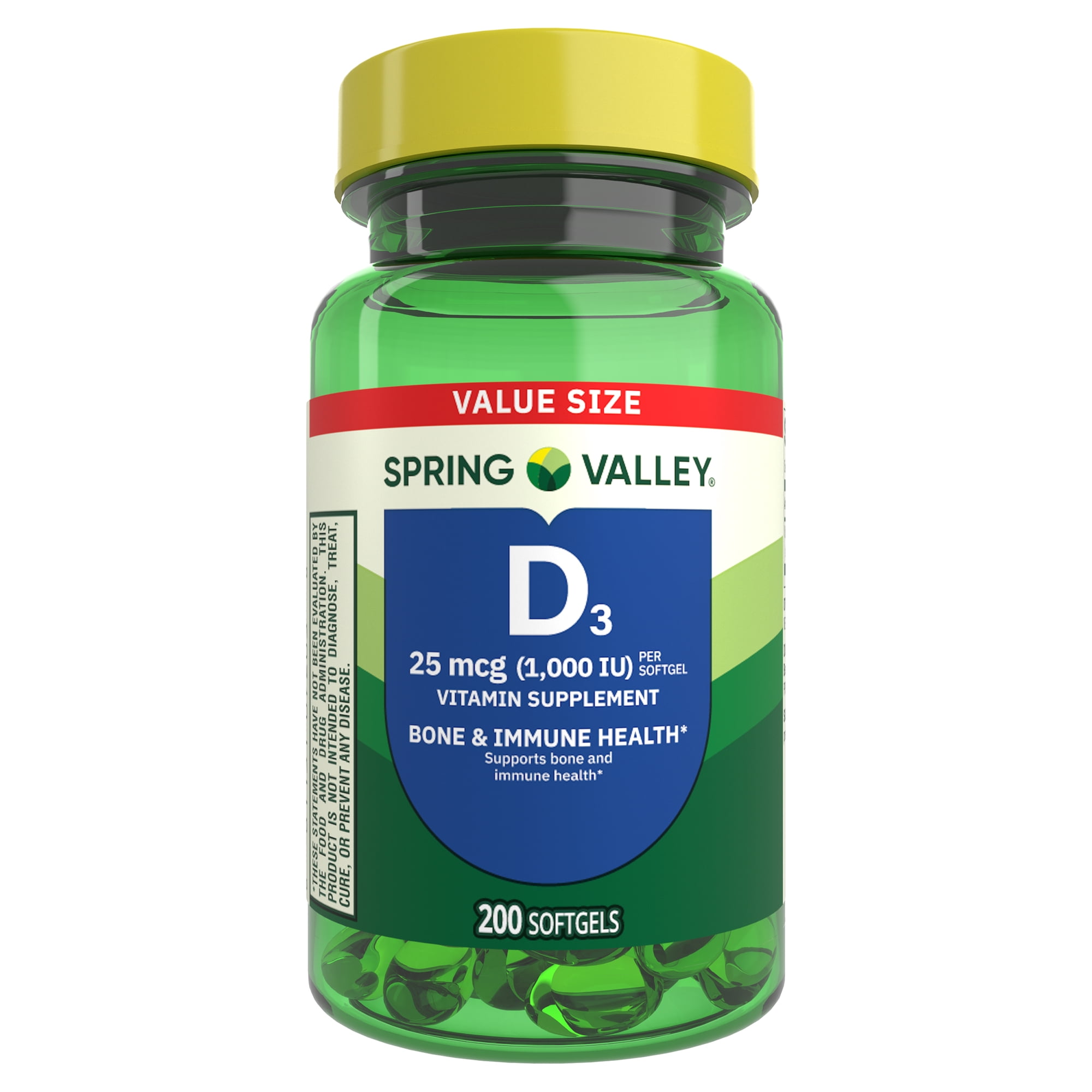 Spring Valley Vitamin D3 Softgels, 25 mcg (1000 IU), 200 Count, Supplement for Bone and Immune Health
