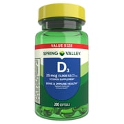 (3 pack) Spring Valley Vitamin D3 Softgels, 25 mcg (1000 IU), 200 Count, Supplement for Bone and Immune Health