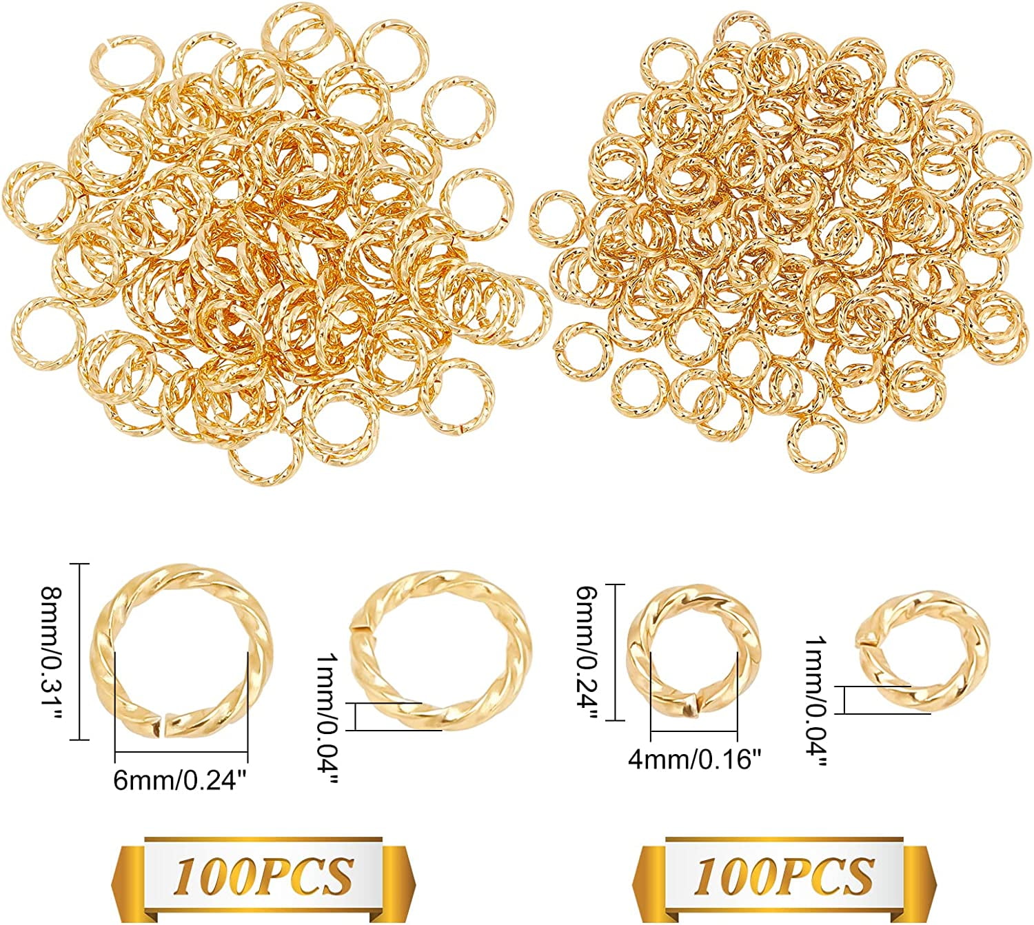 200Pcs 2 Style Brass Open Jump Rings Long-Lasting Plated Twist Ring Real 18K Gold Plated 6~8x1mm Inner Diameter: 4~6mm 100pcs/style