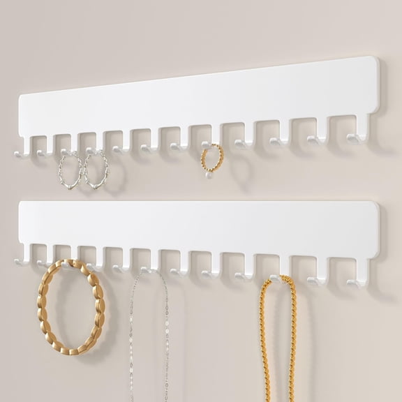 Necklace Holder Hanging Jewelry Organizer - Self-Adhesive Wall Mounted for Necklaces, Bracelets, 2 PCS, White