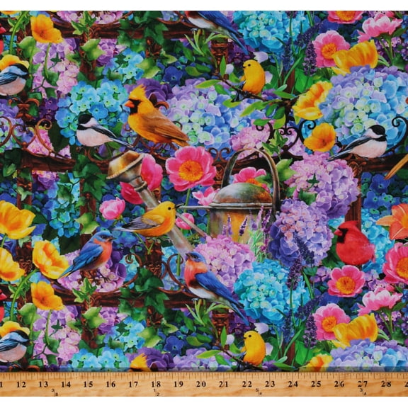 Cotton Hydrangea Garden Birds Flowers Floral Hydrangeas Bluebirds Finches Lupine Jenie Lee Cotton Fabric Print by the Yard (5893-77)