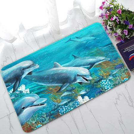 PHFZK Ocean Animal Doormat, Underwater World with Dolphins and Coral Reef Doormat Outdoors/Indoor Doormat Home Floor Mats Rugs Size 30x18 inches