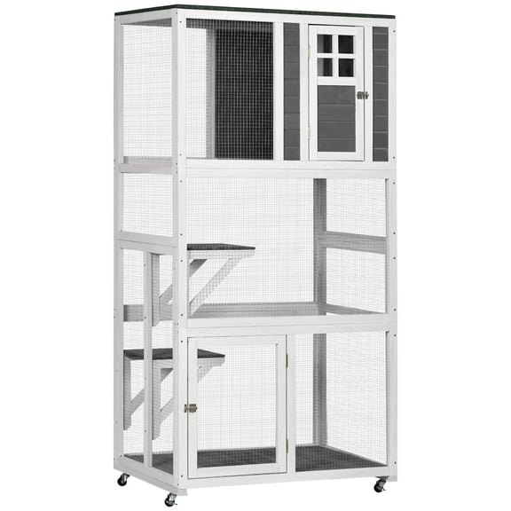 CoSoTower 74" Wooden Outdoor Cat House Weatherproof & Wheeled, Catio Outdoor Cat Enclosure with High Weight Capacity, Kitten Cage Condo, Gray