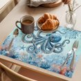 thumbnail image 3 of Coastal Octopus Blue Placemats Set of 12 Summer Beach Nautical Coral Starfish Place Mats Indoor Wipeable Table Mats Washable Dining Table Placemats for Kitchen Holiday Party Home Decor 13x19 Inch, 3 of 9