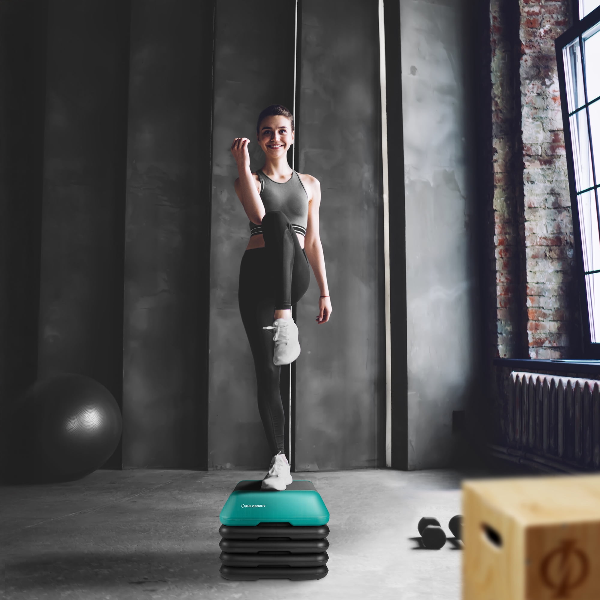 Philosophy Gym Aerobic High Step Platform with Adjustable Height and 4 Risers, 16" x 16" - Green