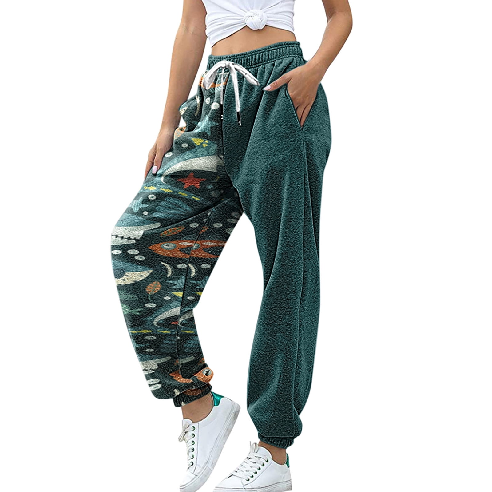 Jovati Womens Jogger Pants Womens Print Sweatpants High Waist Sporty Gym Athletic Fit Jogger Trousers Baggy Lounge Pants With Pockets Green