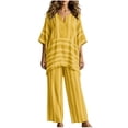 thumbnail image 2 of Women Sets Summer Ndbuld Women’s Fashion Pinstripe V- Neck Short Sleeve Elastic Waist Pocket Long Pants Sets Yellow XL, 2 of 5