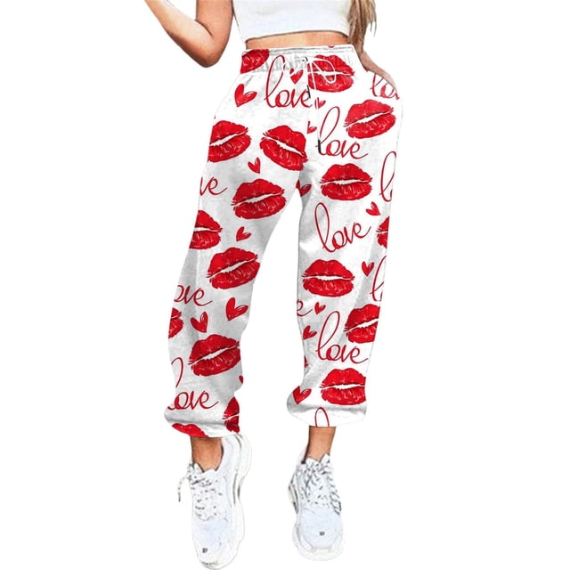 Pantalones anchos Gibobby mujer Pantalones de chándal informales con estampado de corazón Rojo S
