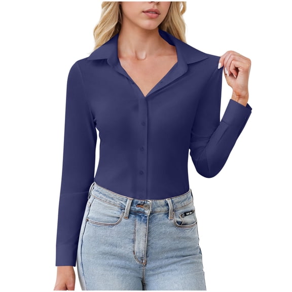 PFRNLF Button Down Shirts for Women Long Sleeve Stretch Fitted Dress Shirt Wrinkle Free Collared Business Work Tops