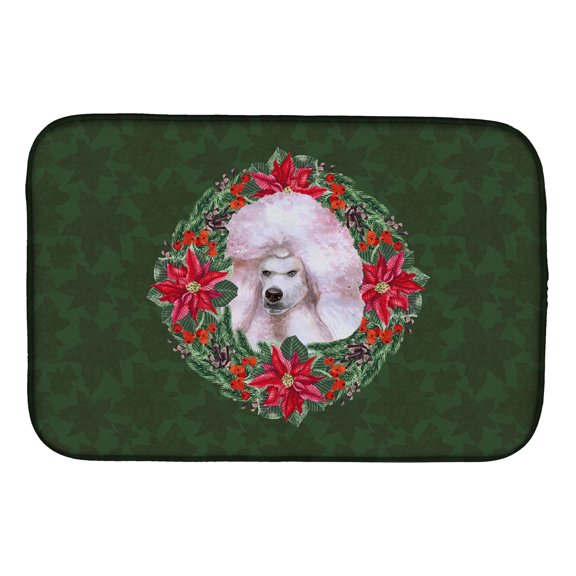 White Standard Poodle Poinsetta Wreath Dish Drying Mat